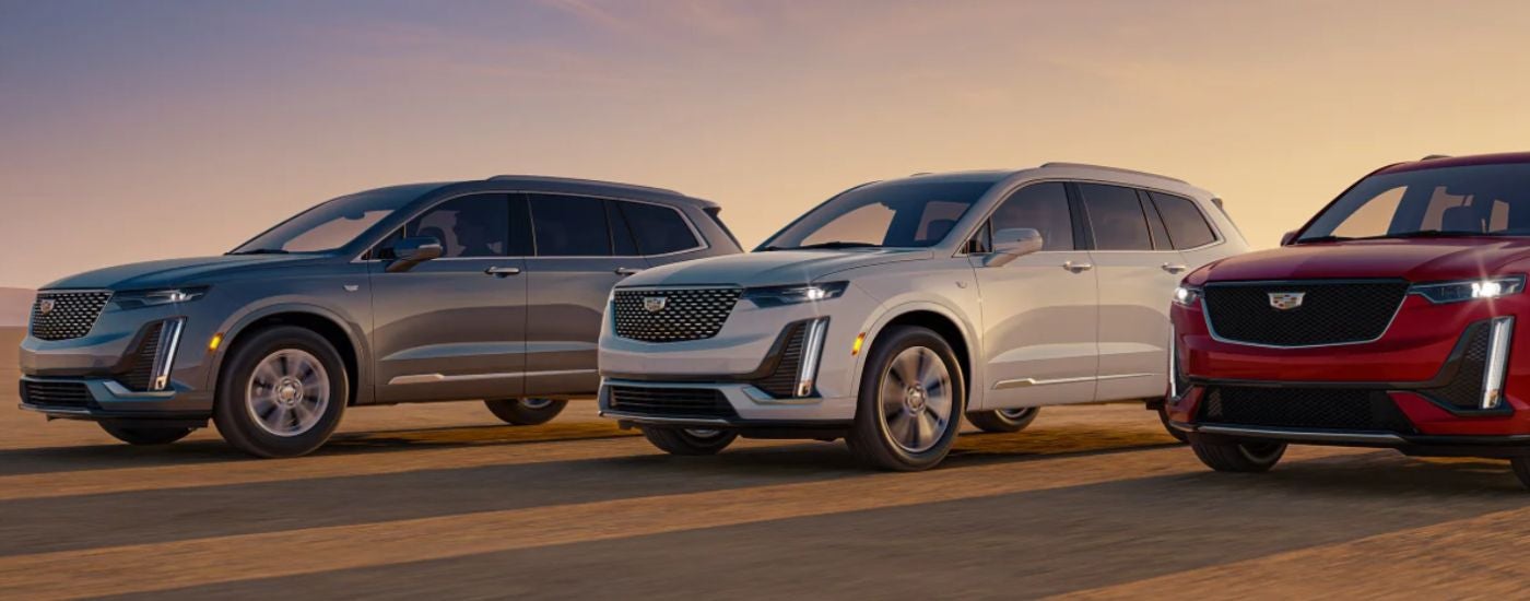 A lineup of three 2025 Cadillac XT6 SUVs, grey, white and red, parked at sunset.