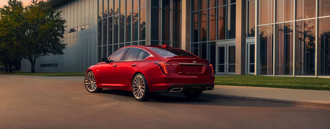 Red 2025 Cadillac CT5 parked next to a glass building