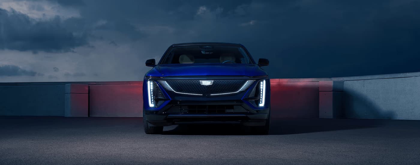 Front of a blue 2026 Cadillac LYRIQ parked on a rooftop lot